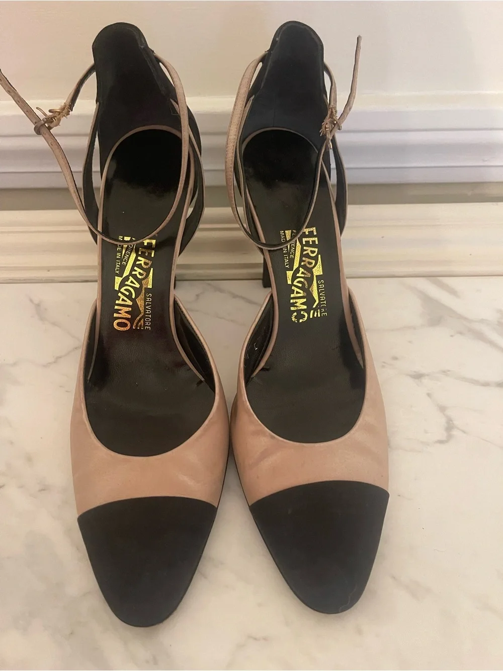 Salvatore Ferragamo Two-Tone Beige and Black Ankle-Strap Pumps